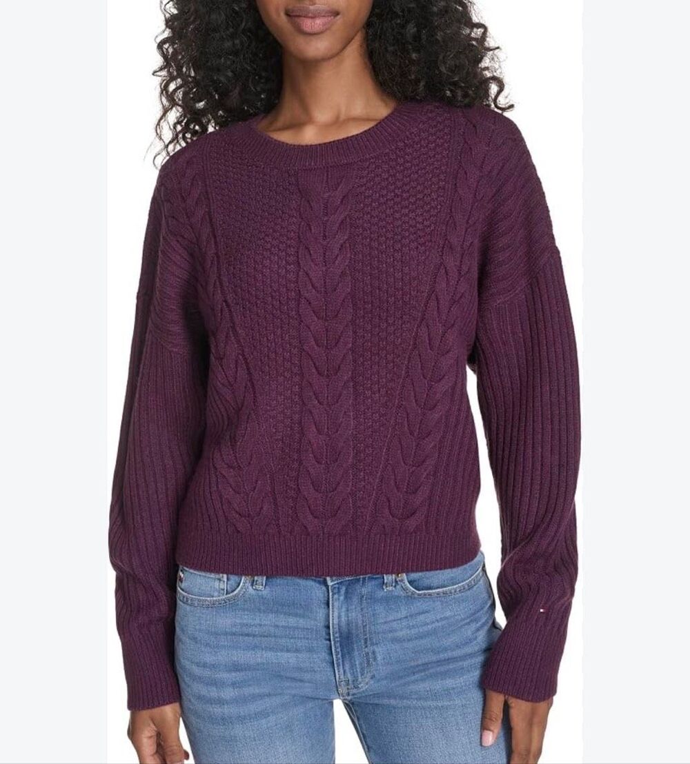 Tommy Hilfiger size L cable-knit dark berry sweater.